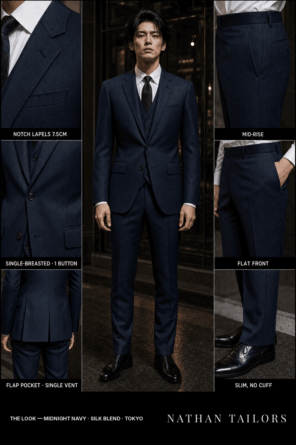midnight navy herringbone single-breasted bespoke suit — custom tailored by Nathan Tailors, the Hoi An custom tailor