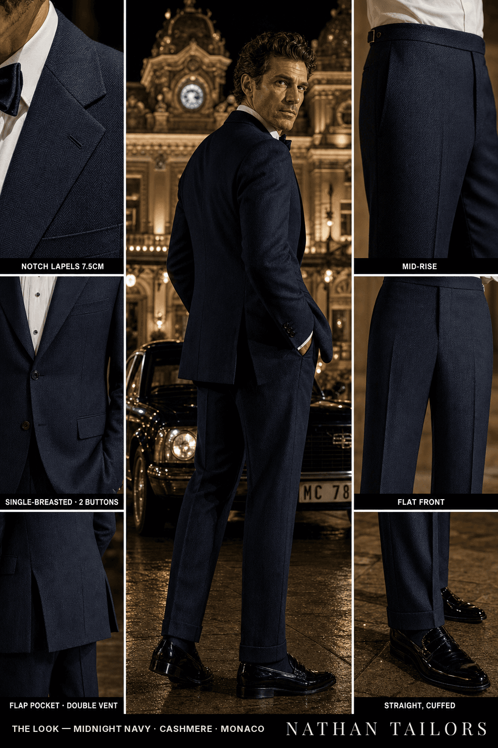 midnight navy herringbone single-breasted bespoke suit — custom tailored by Nathan Tailors, the Hoi An custom tailor