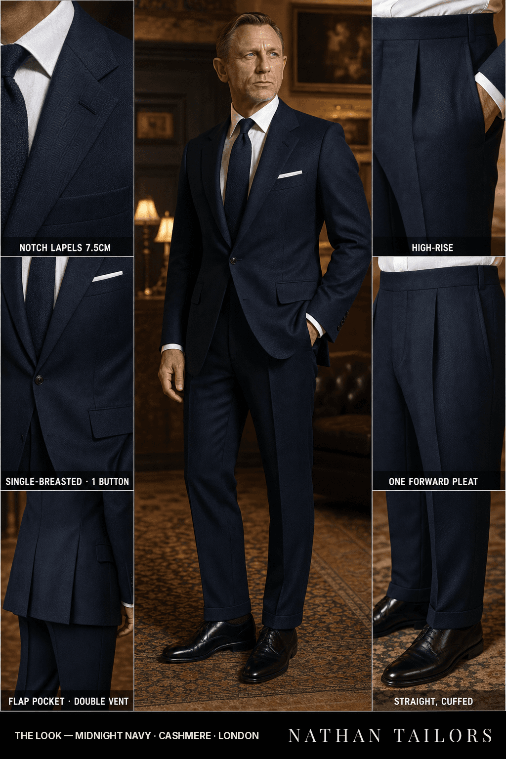 midnight navy herringbone single-breasted bespoke suit — custom tailored by Nathan Tailors, the Hoi An custom tailor