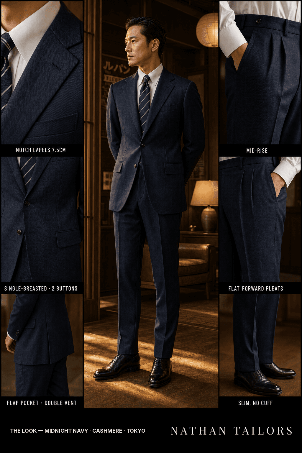 midnight navy herringbone single-breasted notch-lapel bespoke suit — AI-rendered by Nathan Tailors, the Hoi An custom tailor. Available as a custom tailored suit from $149.