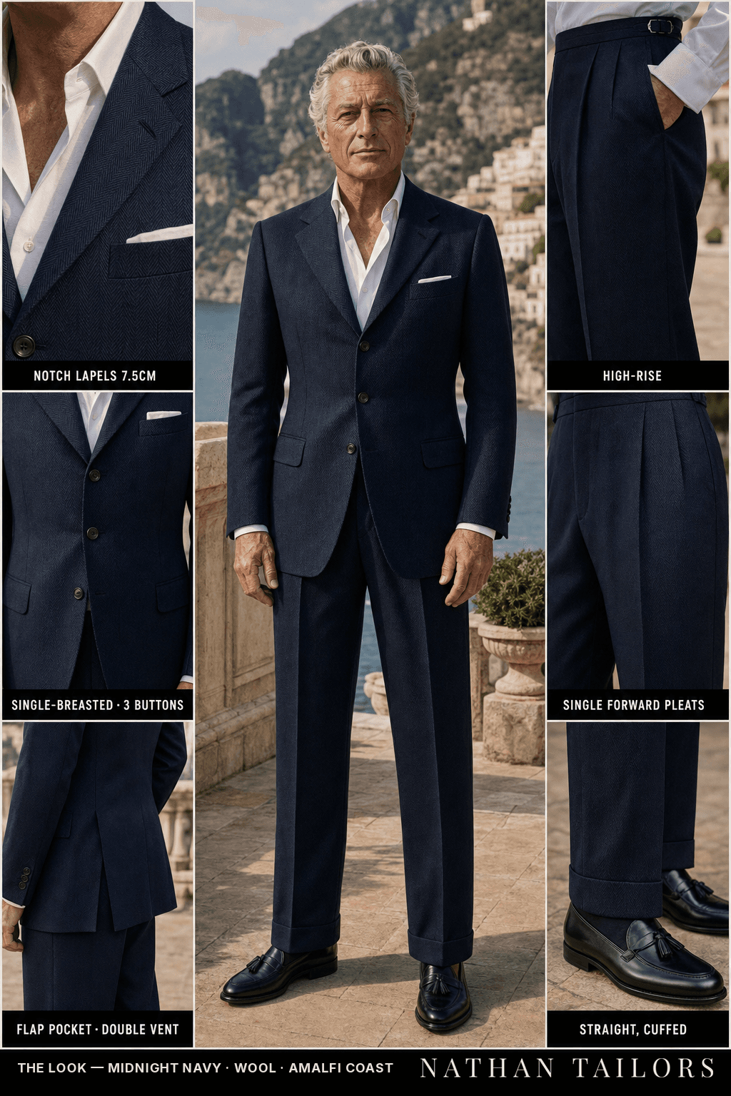 midnight navy herringbone single-breasted bespoke suit — custom tailored by Nathan Tailors, the Hoi An custom tailor