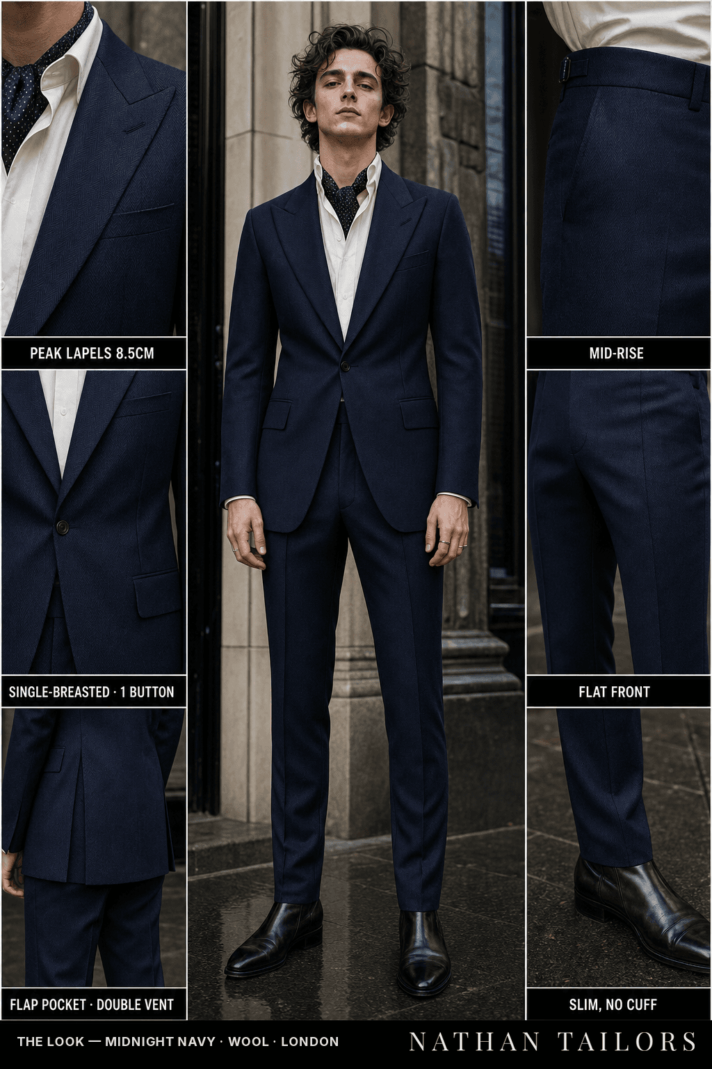 midnight navy herringbone single-breasted peak-lapel bespoke suit — AI-rendered by Nathan Tailors, the Hoi An custom tailor. Available as a custom tailored suit from $149.