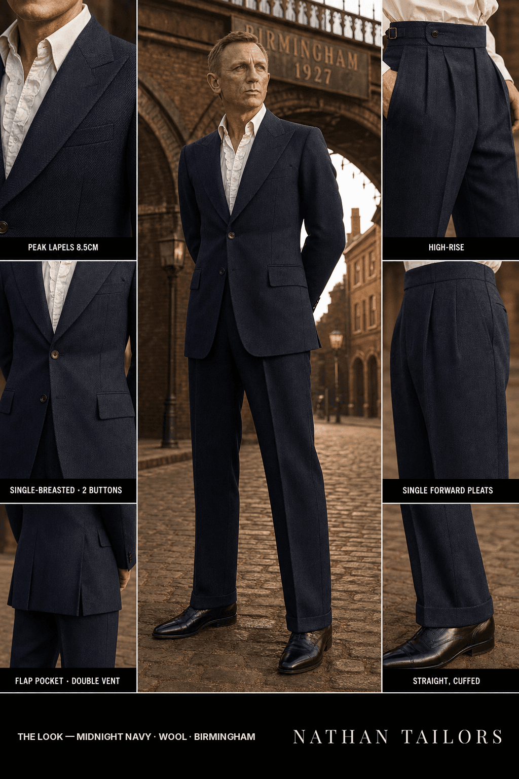 midnight navy herringbone single-breasted bespoke suit — custom tailored by Nathan Tailors, the Hoi An custom tailor