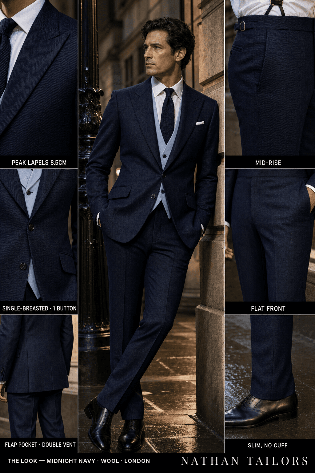 midnight navy herringbone single-breasted bespoke suit — custom tailored by Nathan Tailors, the Hoi An custom tailor
