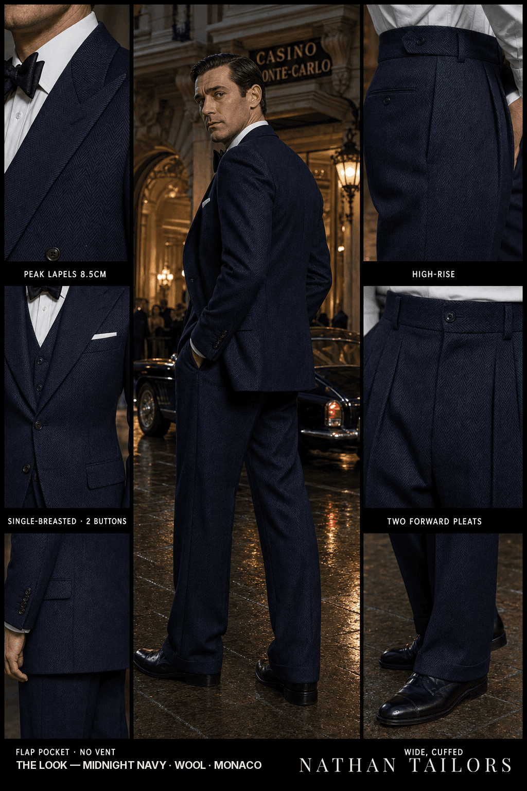 midnight navy herringbone single-breasted peak-lapel bespoke suit — AI-rendered by Nathan Tailors, the Hoi An custom tailor. Available as a custom tailored suit from $149.