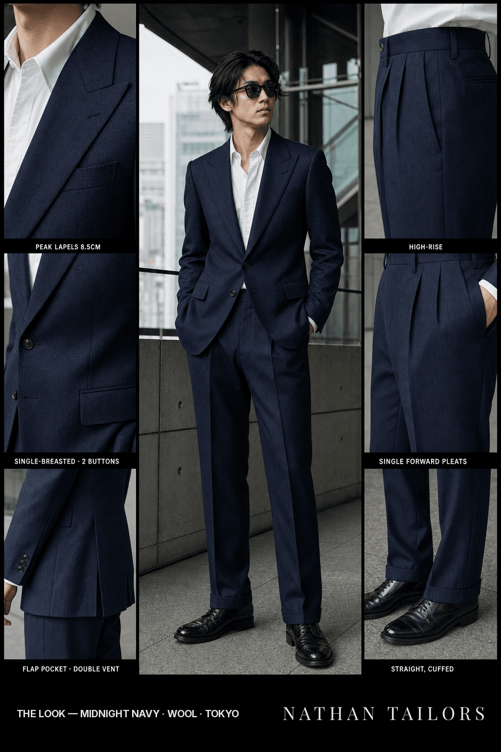 midnight navy herringbone single-breasted bespoke suit — custom tailored by Nathan Tailors, the Hoi An custom tailor