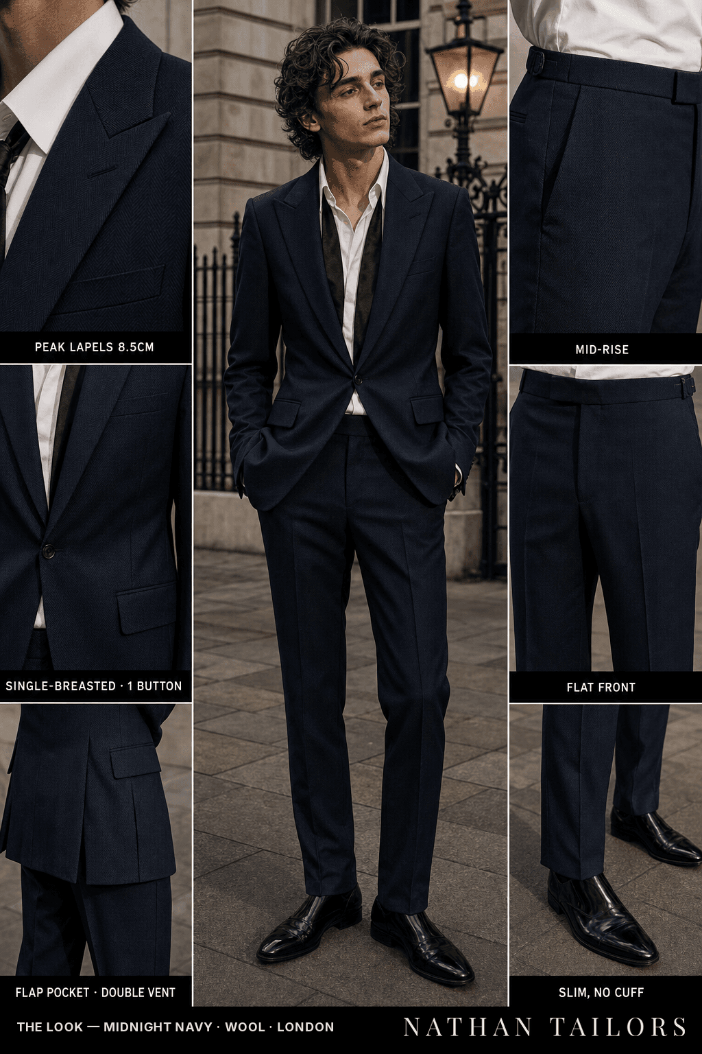 midnight navy herringbone single-breasted peak-lapel bespoke suit — AI-rendered by Nathan Tailors, the Hoi An custom tailor. Available as a custom tailored suit from $149.