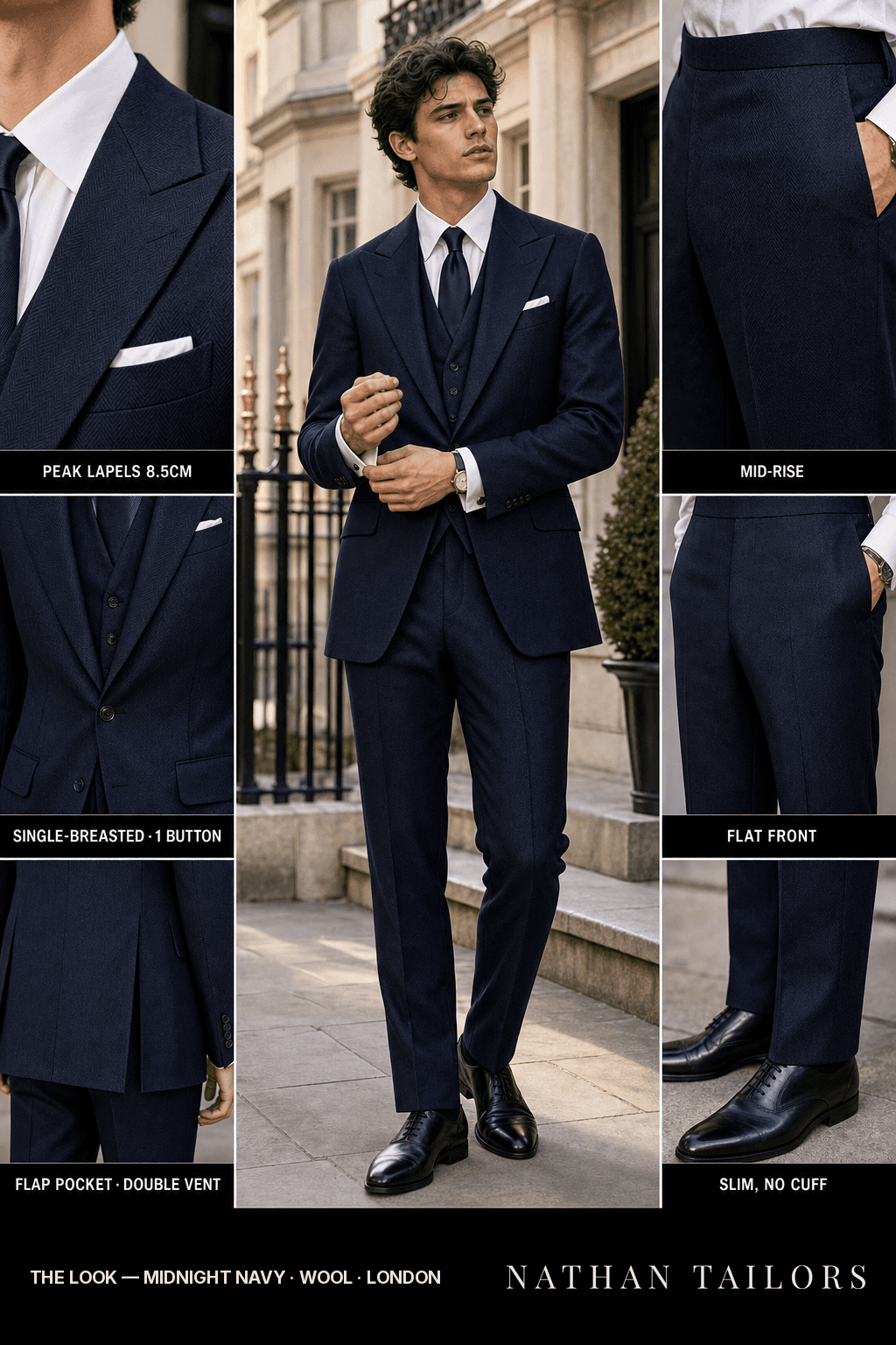 midnight navy herringbone single-breasted bespoke suit — custom tailored by Nathan Tailors, the Hoi An custom tailor
