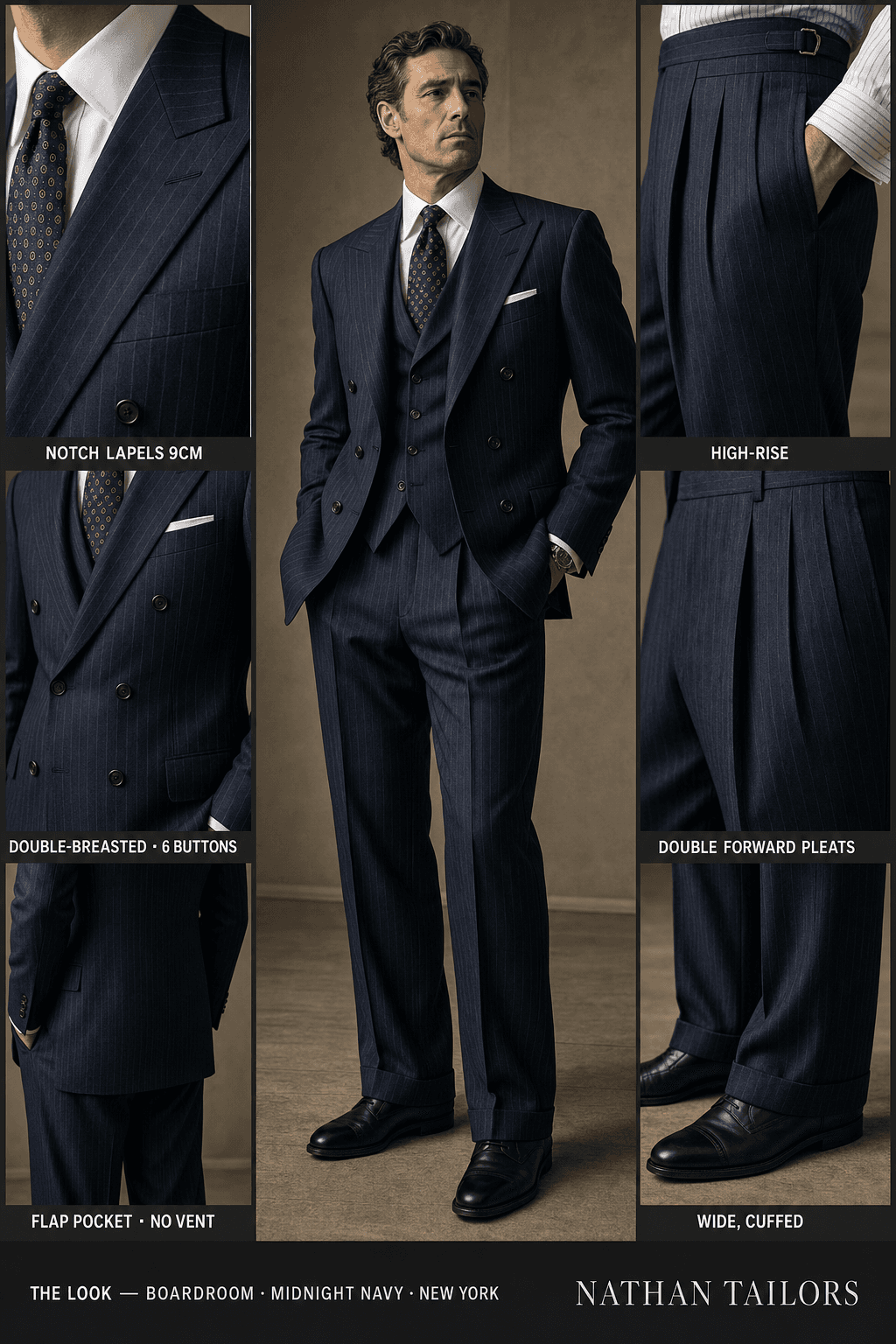 midnight navy pinstripe double-breasted notch-lapel bespoke suit — AI-rendered by Nathan Tailors, the Hoi An custom tailor. Available as a custom tailored suit from $129.