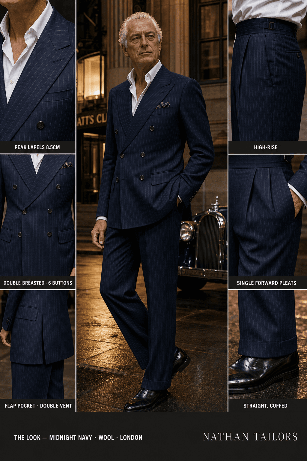 midnight navy pinstripe double-breasted bespoke suit — custom tailored by Nathan Tailors, the Hoi An custom tailor