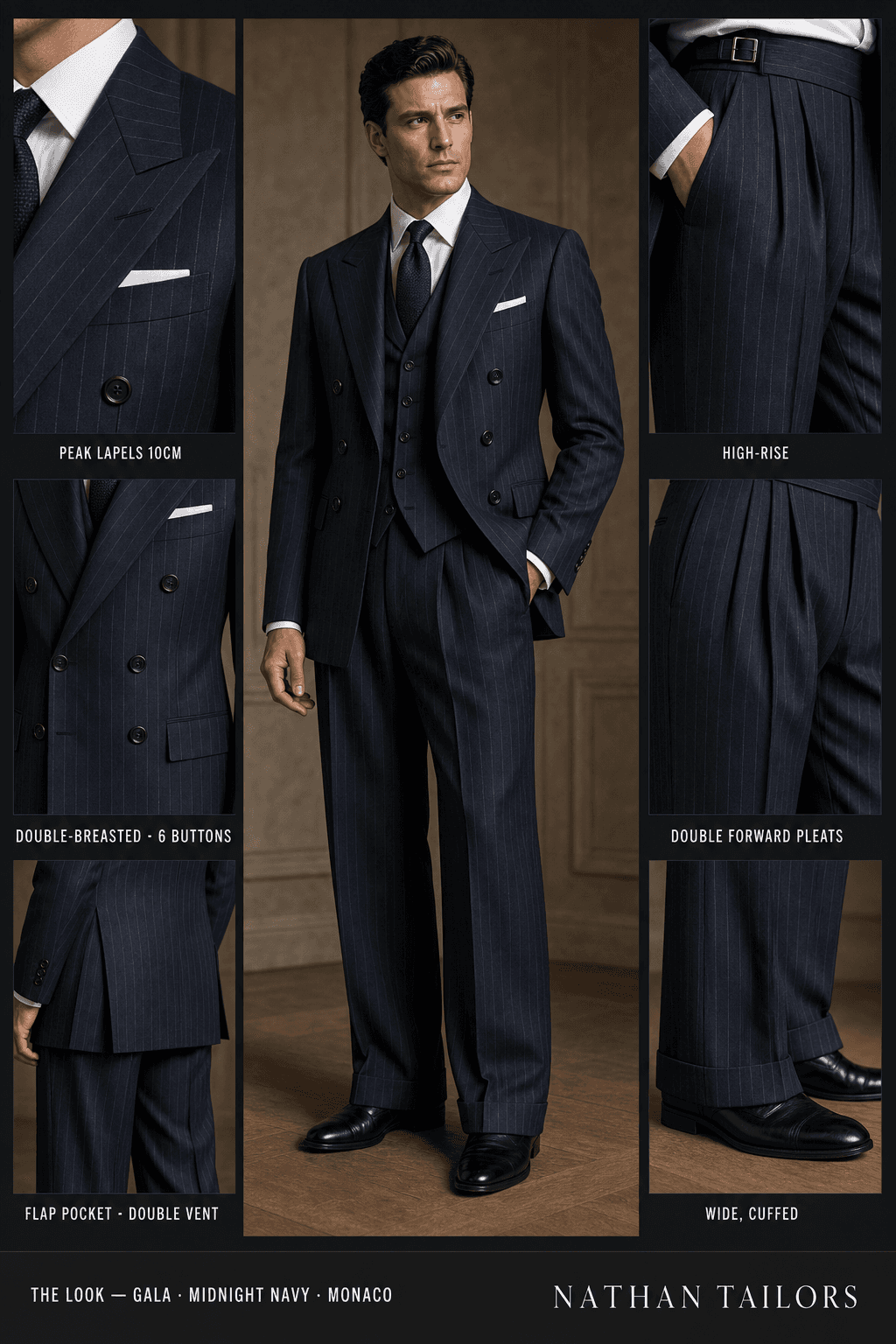 midnight navy pinstripe double-breasted peak-lapel bespoke suit — AI-rendered by Nathan Tailors, the Hoi An custom tailor. Available as a custom tailored suit from $129.