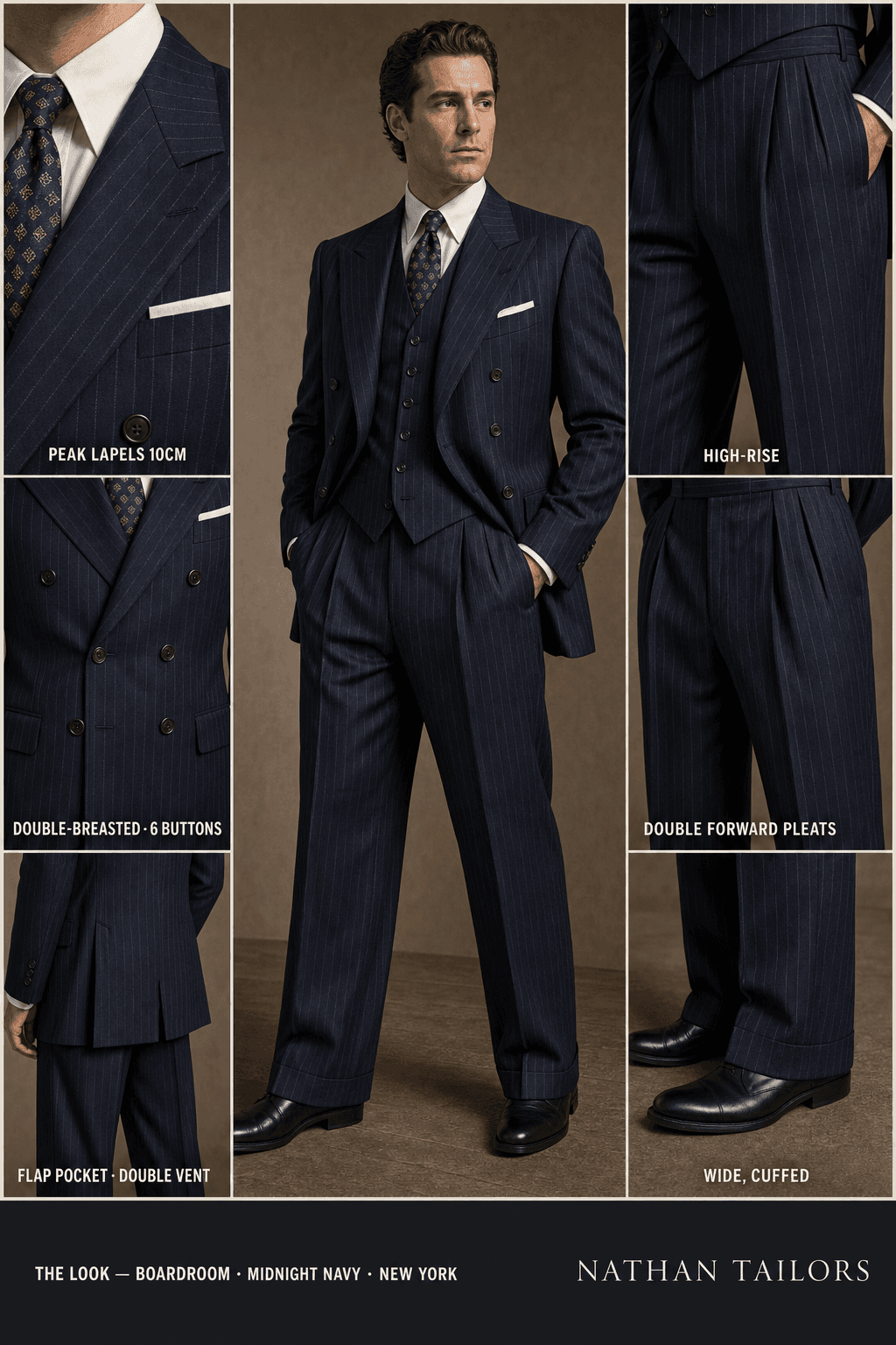 midnight navy pinstripe double-breasted peak-lapel bespoke suit — AI-rendered by Nathan Tailors, the Hoi An custom tailor. Available as a custom tailored suit from $129.