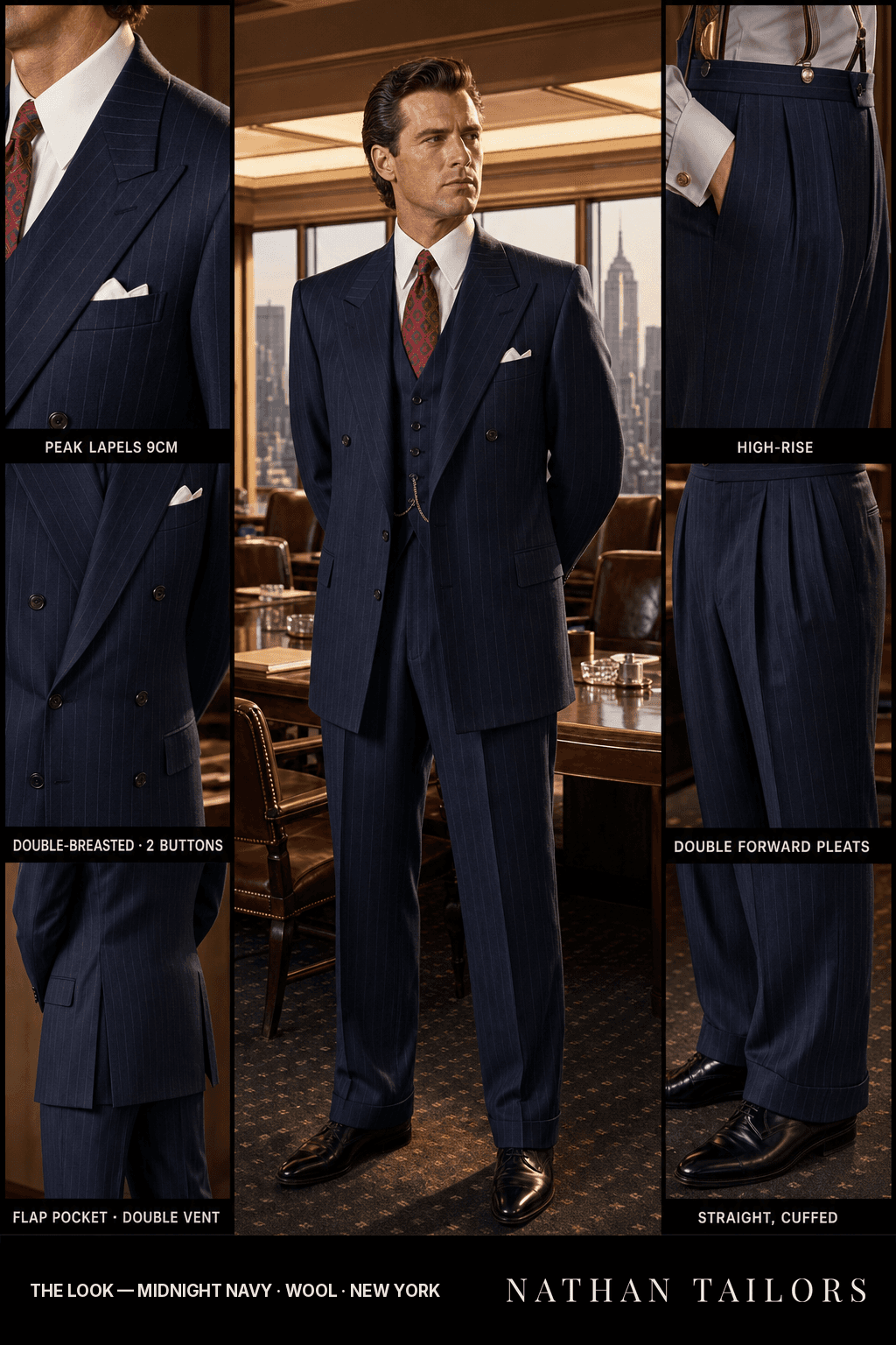 midnight navy pinstripe double-breasted bespoke suit — custom tailored by Nathan Tailors, the Hoi An custom tailor