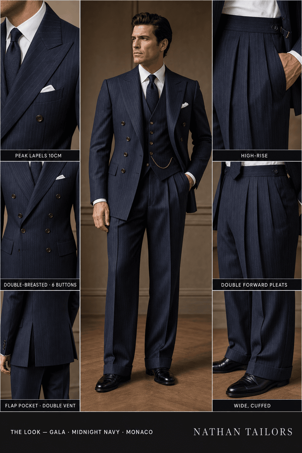 midnight navy pinstripe double-breasted bespoke suit — custom tailored by Nathan Tailors, the Hoi An custom tailor