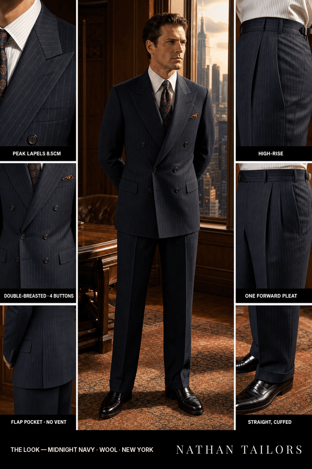 midnight navy pinstripe double-breasted bespoke suit — custom tailored by Nathan Tailors, the Hoi An custom tailor