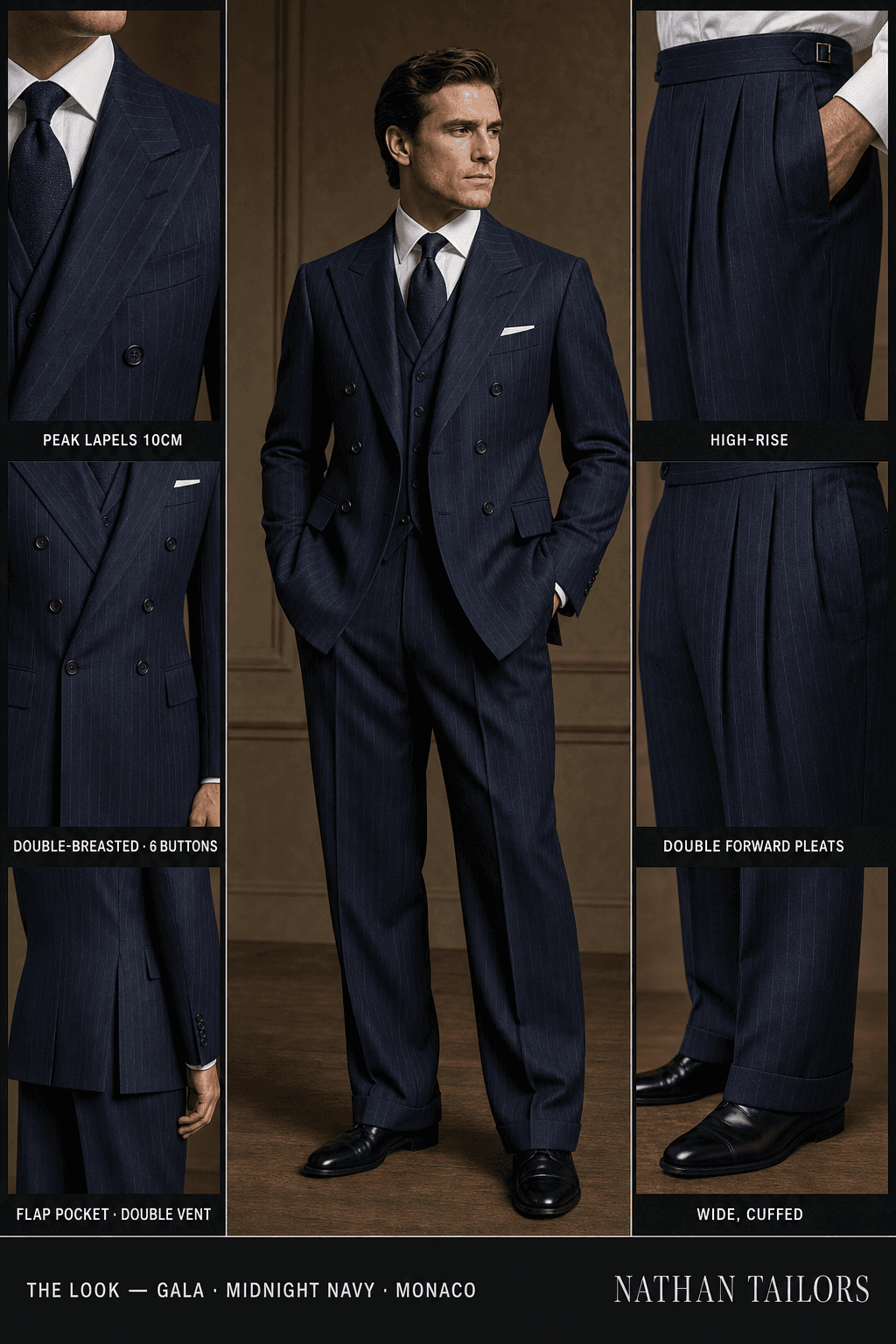 midnight navy pinstripe double-breasted bespoke suit — custom tailored by Nathan Tailors, the Hoi An custom tailor