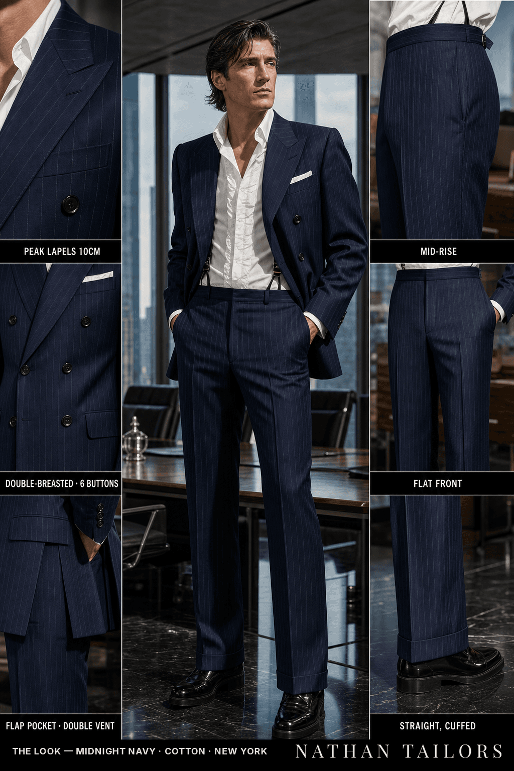 midnight navy pinstripe double-breasted bespoke suit — custom tailored by Nathan Tailors, the Hoi An custom tailor