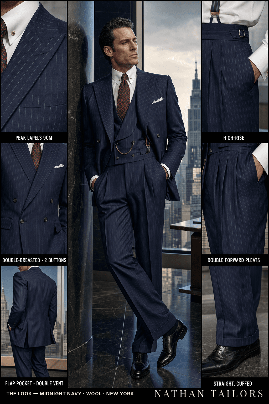 midnight navy pinstripe double-breasted peak-lapel bespoke suit — AI-rendered by Nathan Tailors, the Hoi An custom tailor. Available as a custom tailored suit from $149.