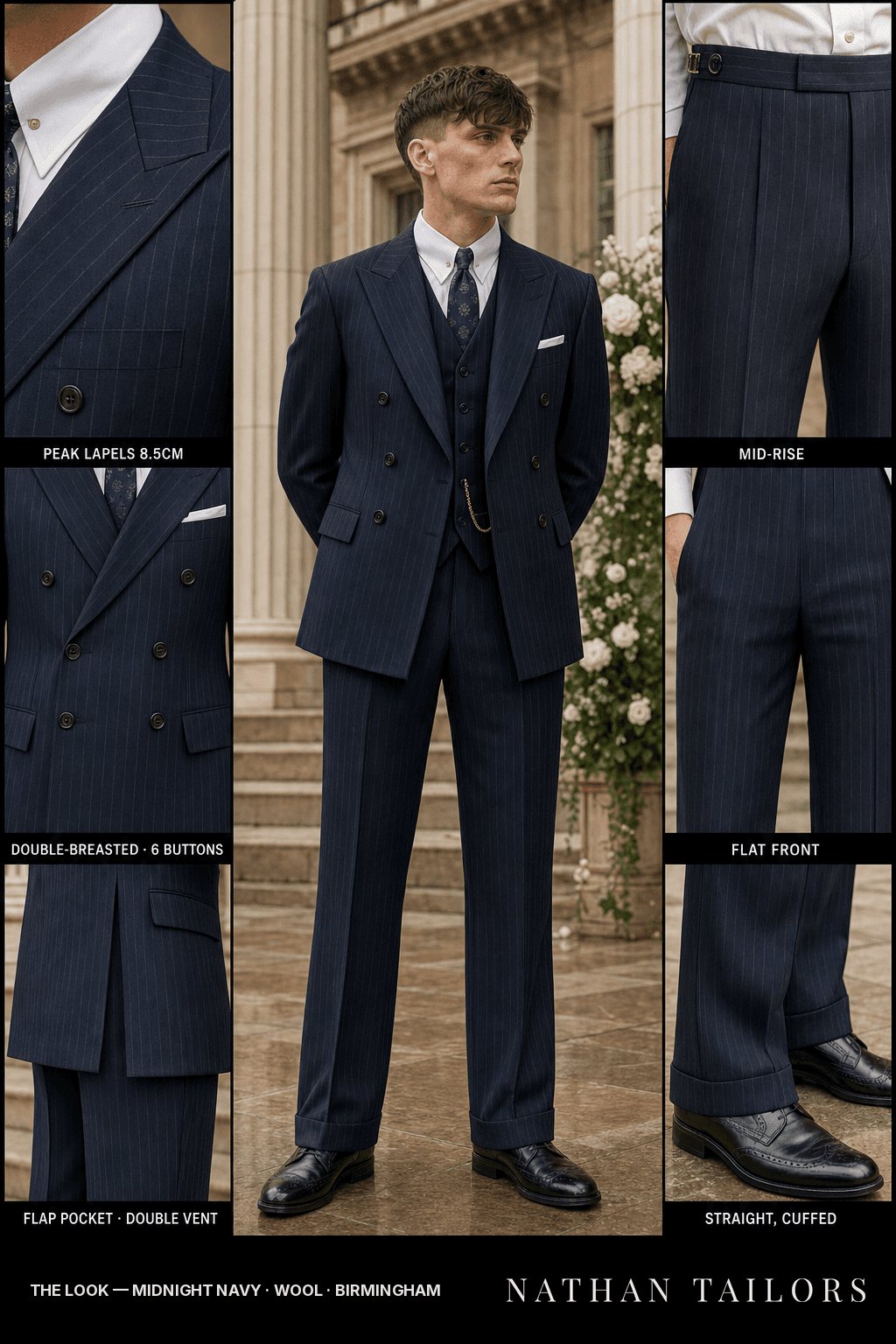 midnight navy pinstripe double-breasted bespoke suit — custom tailored by Nathan Tailors, the Hoi An custom tailor