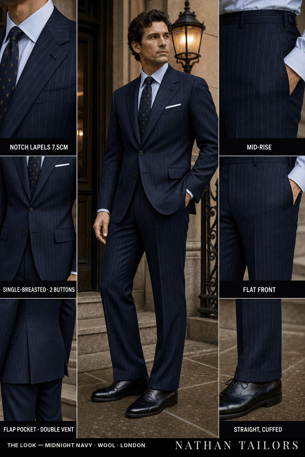 midnight navy pinstripe single-breasted bespoke suit — custom tailored by Nathan Tailors, the Hoi An custom tailor