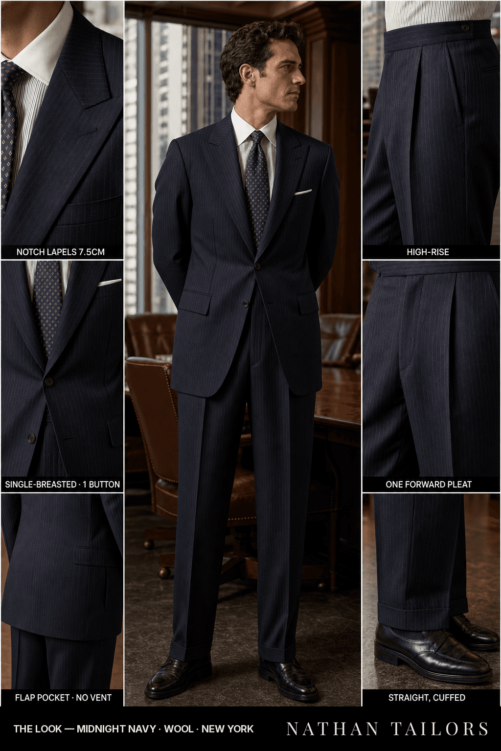 midnight navy pinstripe single-breasted bespoke suit — custom tailored by Nathan Tailors, the Hoi An custom tailor