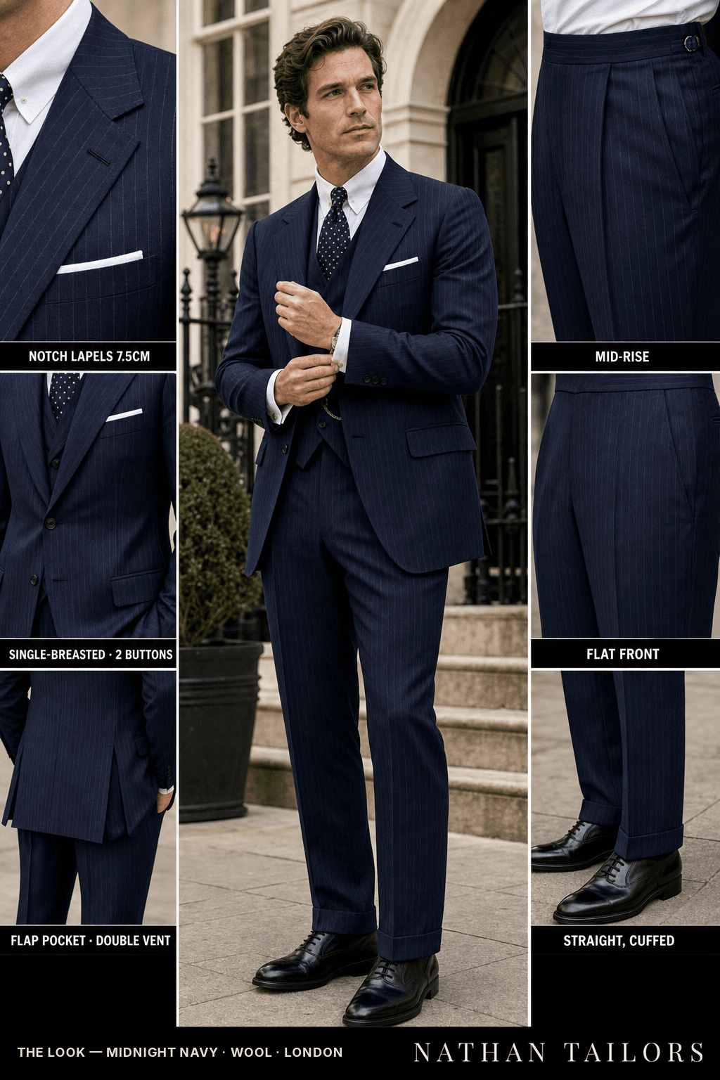 midnight navy pinstripe single-breasted bespoke suit — custom tailored by Nathan Tailors, the Hoi An custom tailor