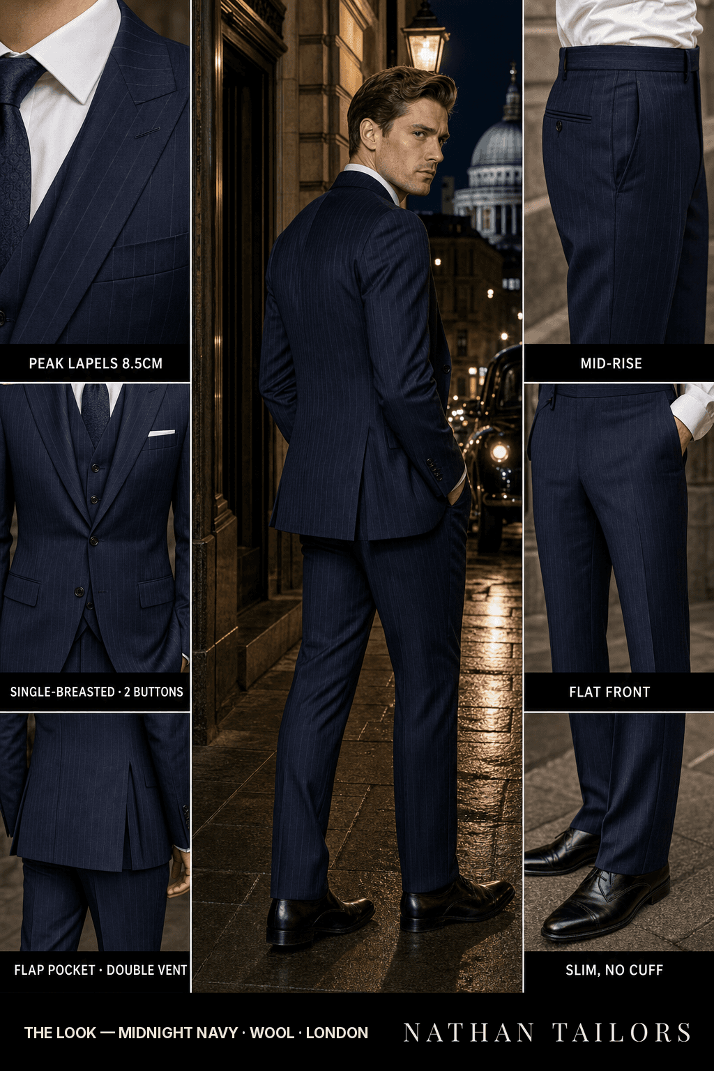 midnight navy pinstripe single-breasted bespoke suit — custom tailored by Nathan Tailors, the Hoi An custom tailor