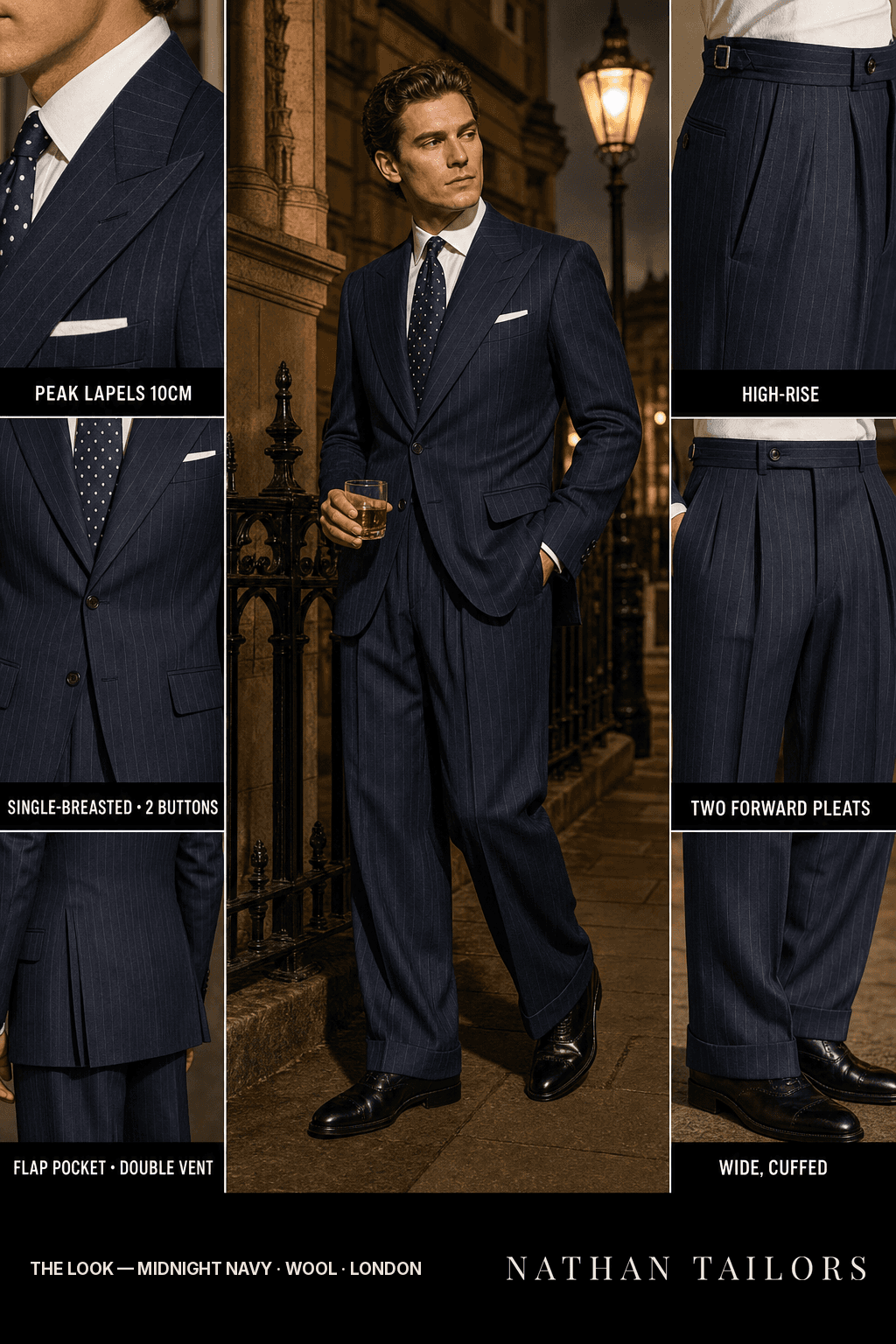 midnight navy pinstripe single-breasted bespoke suit — custom tailored by Nathan Tailors, the Hoi An custom tailor
