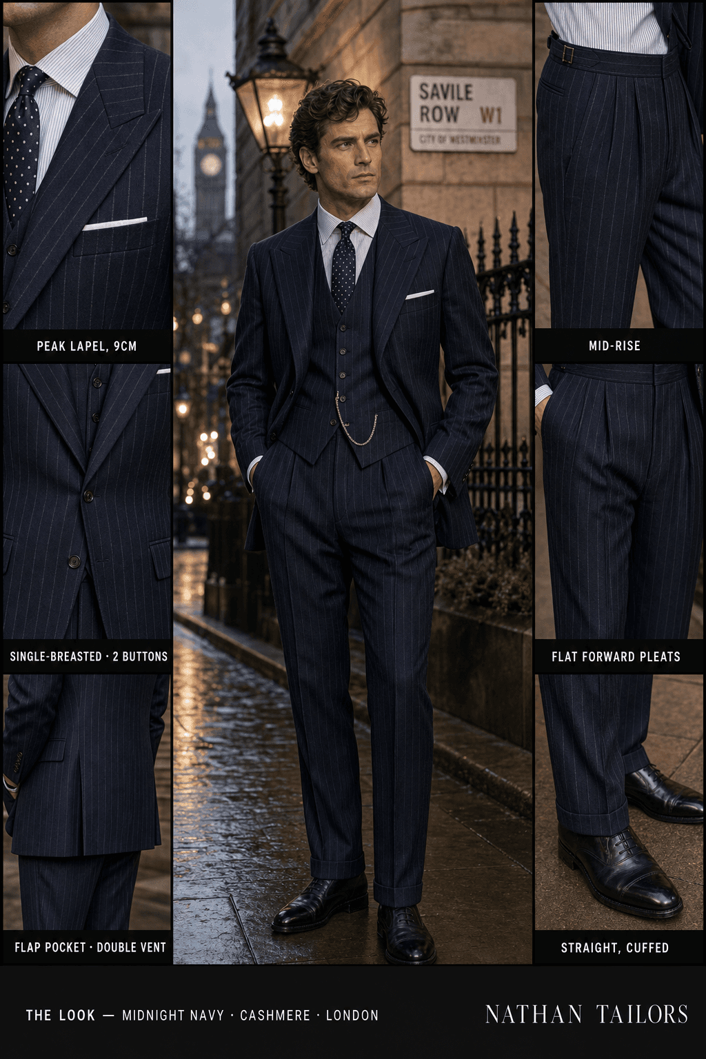 midnight navy pinstripe single-breasted bespoke suit — custom tailored by Nathan Tailors, the Hoi An custom tailor