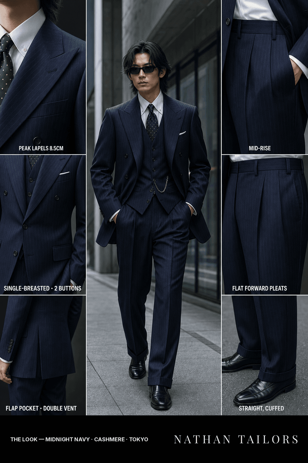 midnight navy pinstripe single-breasted bespoke suit — custom tailored by Nathan Tailors, the Hoi An custom tailor