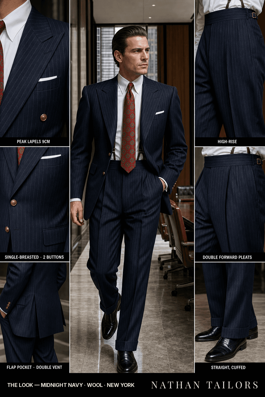 midnight navy pinstripe single-breasted bespoke suit — custom tailored by Nathan Tailors, the Hoi An custom tailor