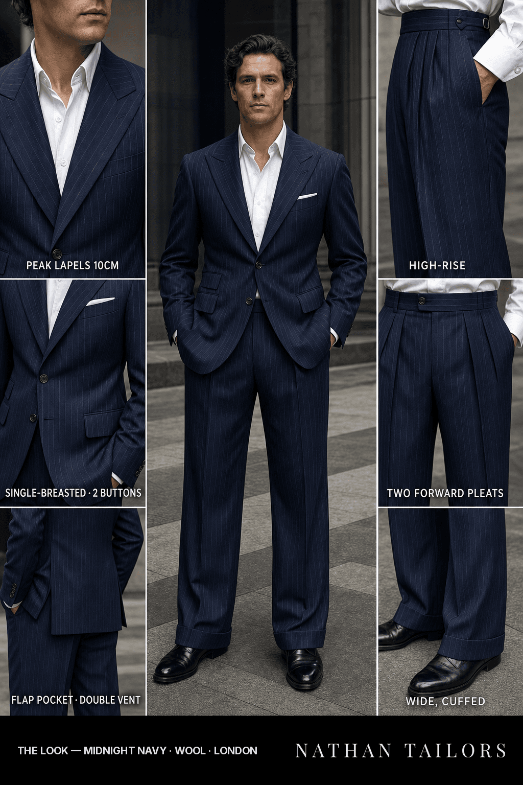 midnight navy pinstripe single-breasted bespoke suit — custom tailored by Nathan Tailors, the Hoi An custom tailor
