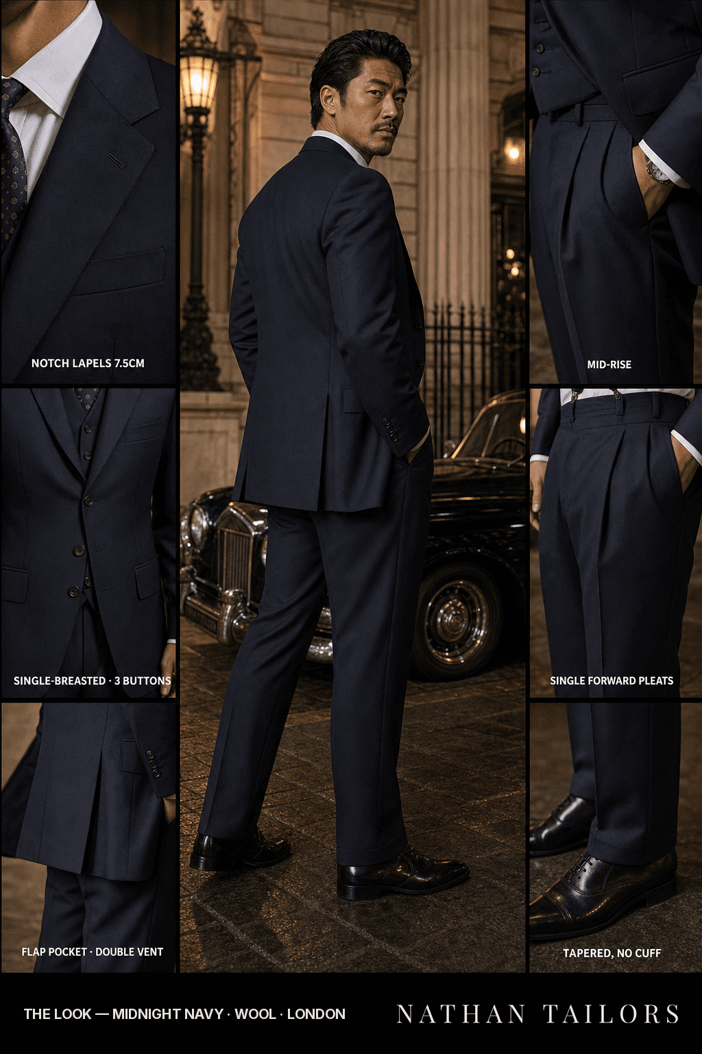 midnight navy single-breasted bespoke suit — custom tailored by Nathan Tailors, the Hoi An custom tailor