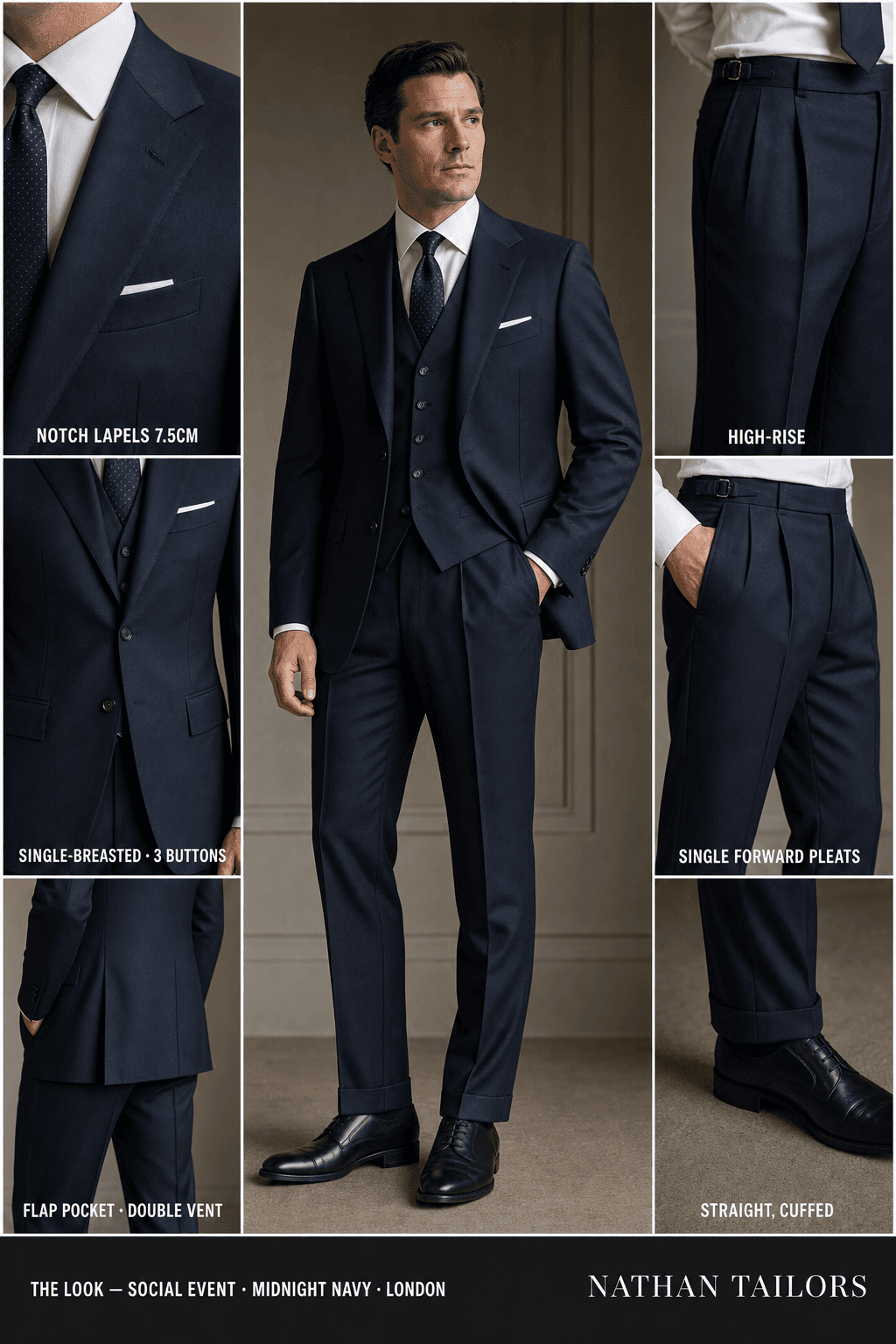 midnight navy single-breasted notch-lapel bespoke suit — AI-rendered by Nathan Tailors, the Hoi An custom tailor. Available as a custom tailored suit from $129.