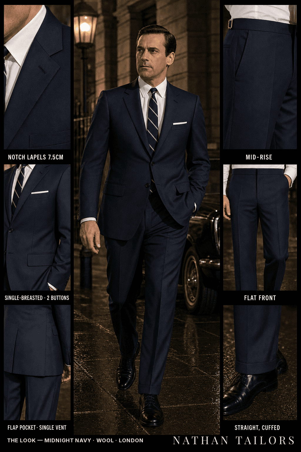 midnight navy single-breasted notch-lapel bespoke suit — AI-rendered by Nathan Tailors, the Hoi An custom tailor. Available as a custom tailored suit from $149.
