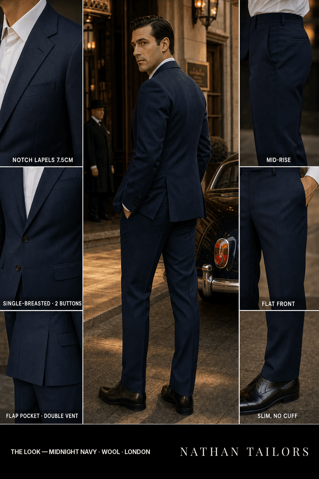 midnight navy single-breasted notch-lapel bespoke suit — AI-rendered by Nathan Tailors, the Hoi An custom tailor. Available as a custom tailored suit from $149.