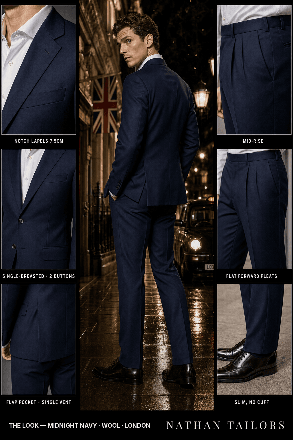 midnight navy single-breasted bespoke suit — custom tailored by Nathan Tailors, the Hoi An custom tailor