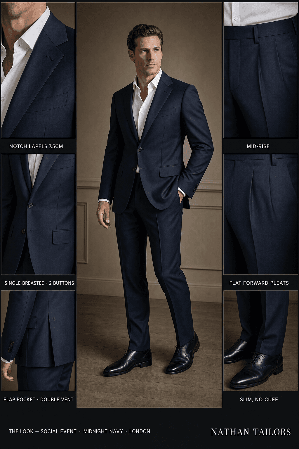 midnight navy single-breasted notch-lapel bespoke suit — AI-rendered by Nathan Tailors, the Hoi An custom tailor. Available as a custom tailored suit from $129.
