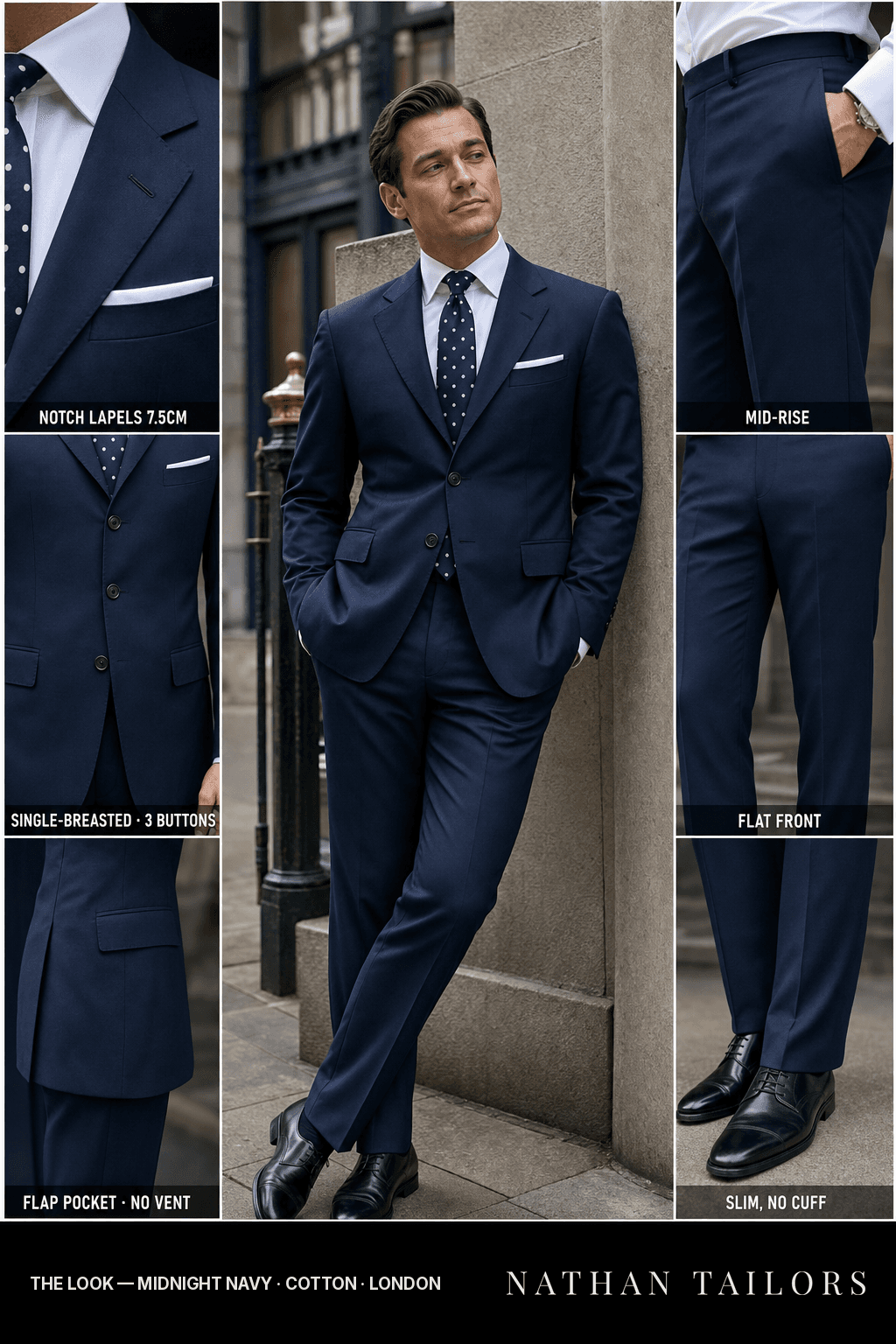 midnight navy single-breasted bespoke suit — custom tailored by Nathan Tailors, the Hoi An custom tailor