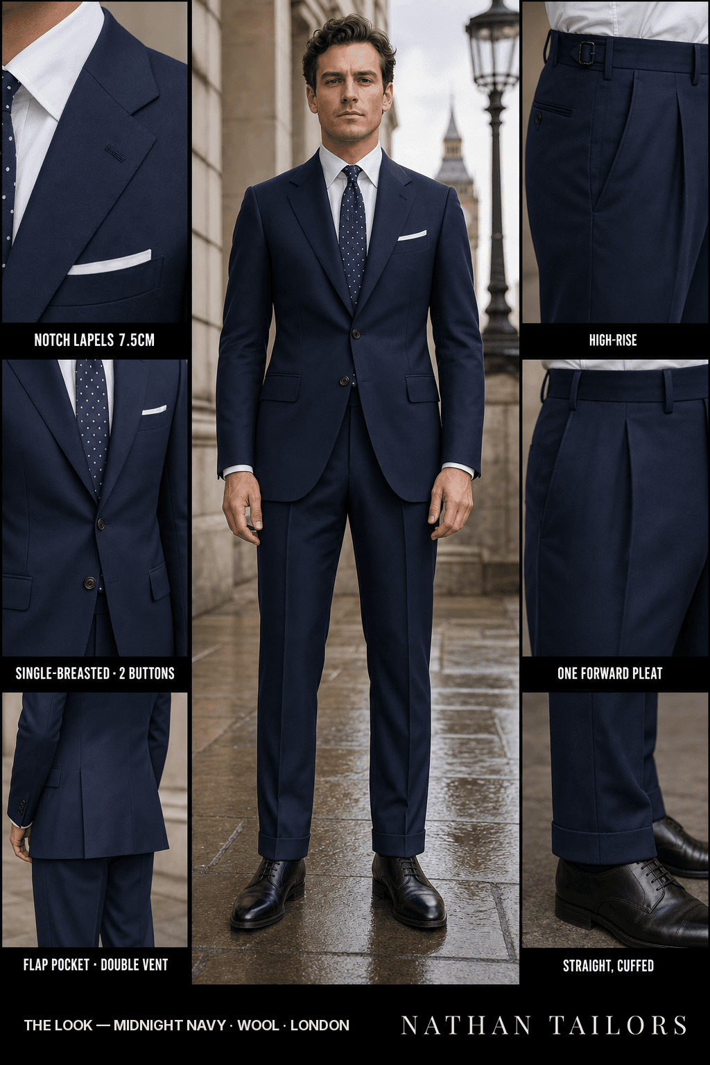 midnight navy single-breasted bespoke suit — custom tailored by Nathan Tailors, the Hoi An custom tailor