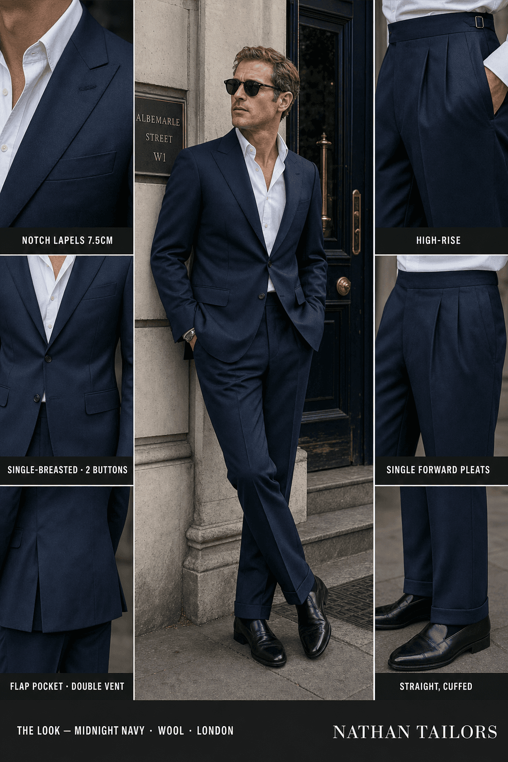 midnight navy single-breasted notch-lapel bespoke suit — AI-rendered by Nathan Tailors, the Hoi An custom tailor. Available as a custom tailored suit from $149.