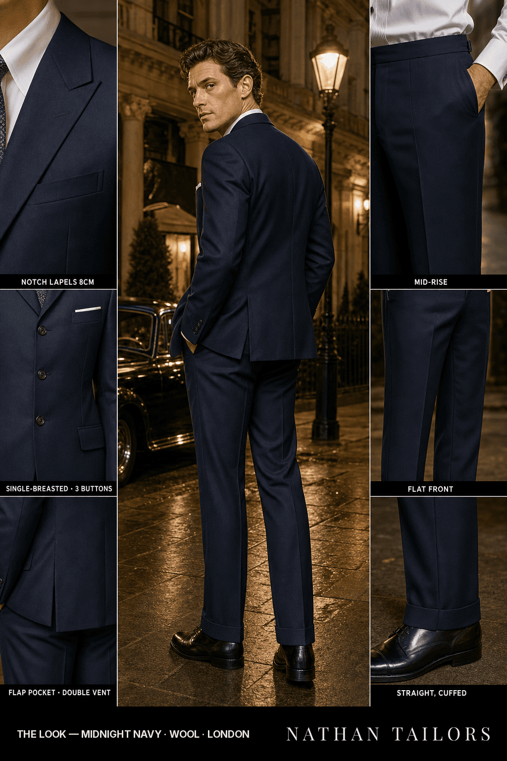 midnight navy single-breasted notch-lapel bespoke suit — AI-rendered by Nathan Tailors, the Hoi An custom tailor. Available as a custom tailored suit from $149.