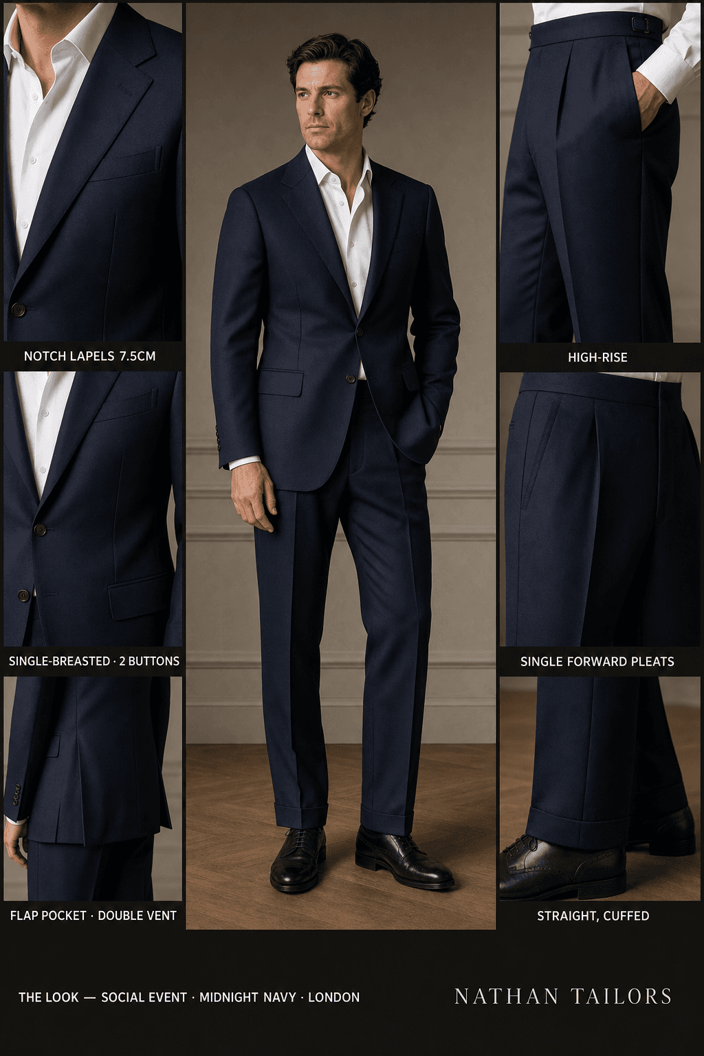 midnight navy single-breasted notch-lapel bespoke suit — AI-rendered by Nathan Tailors, the Hoi An custom tailor. Available as a custom tailored suit from $129.