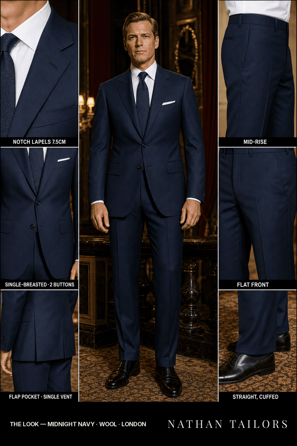 midnight navy single-breasted bespoke suit — custom tailored by Nathan Tailors, the Hoi An custom tailor