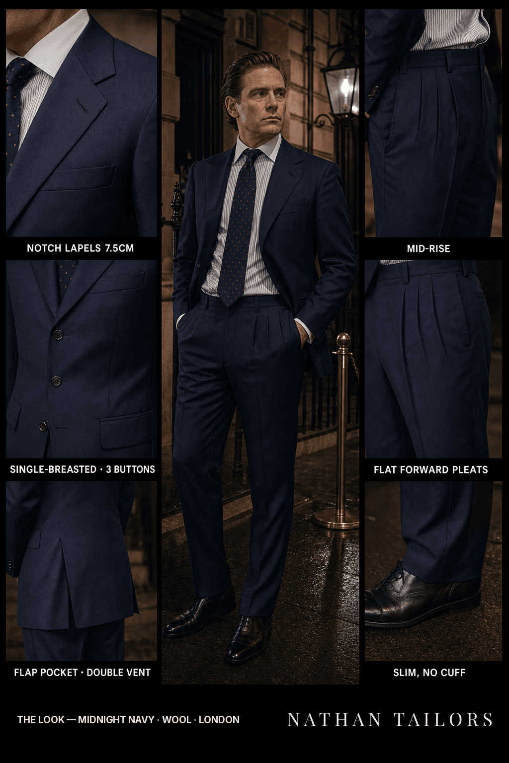 midnight navy single-breasted bespoke suit — custom tailored by Nathan Tailors, the Hoi An custom tailor