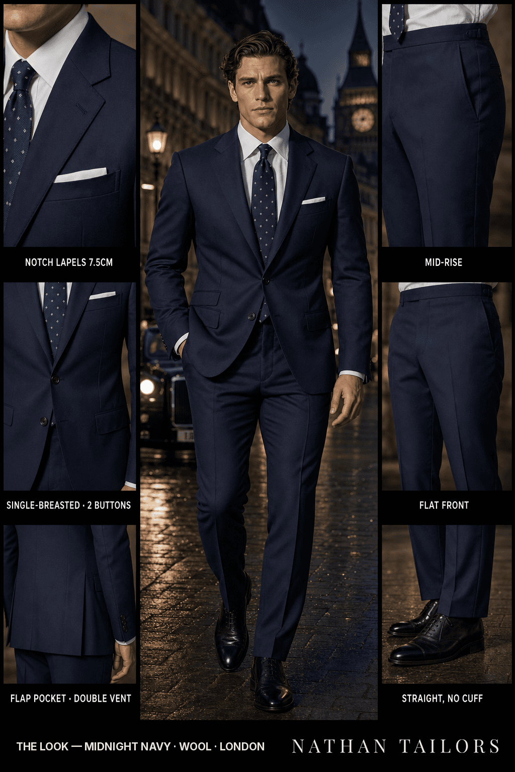 midnight navy single-breasted bespoke suit — custom tailored by Nathan Tailors, the Hoi An custom tailor