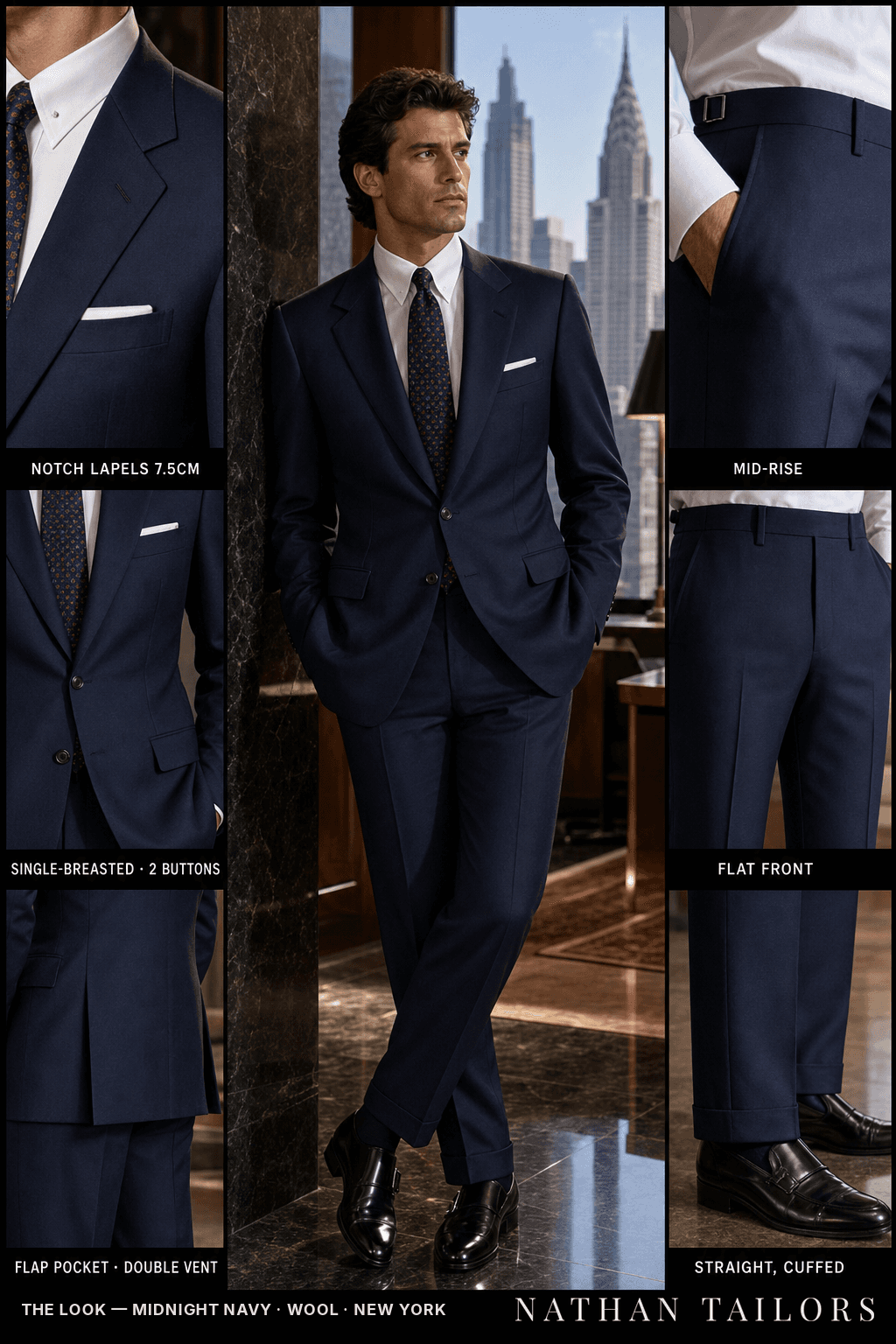 midnight navy single-breasted notch-lapel bespoke suit — AI-rendered by Nathan Tailors, the Hoi An custom tailor. Available as a custom tailored suit from $149.