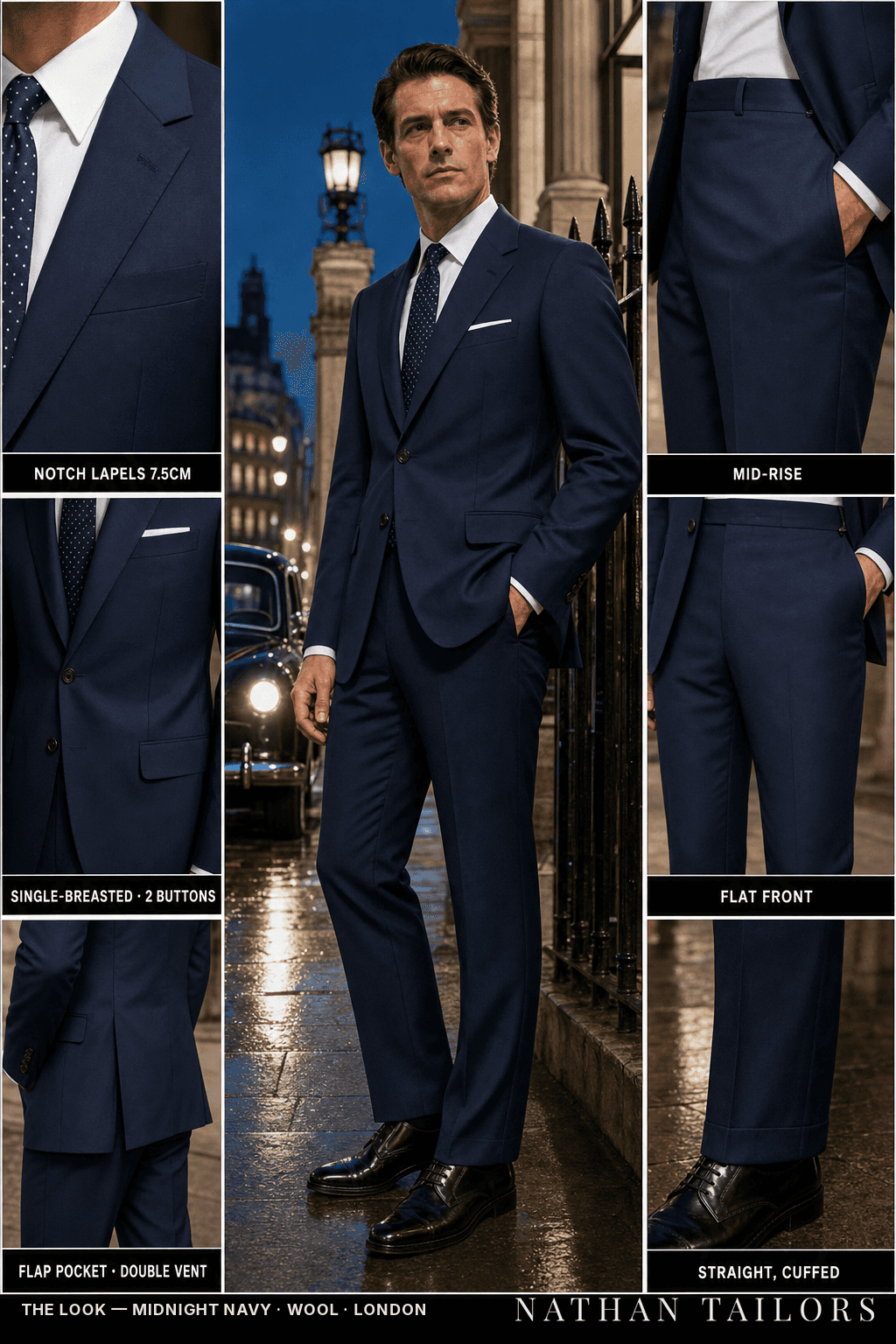 midnight navy single-breasted notch-lapel bespoke suit — AI-rendered by Nathan Tailors, the Hoi An custom tailor. Available as a custom tailored suit from $149.