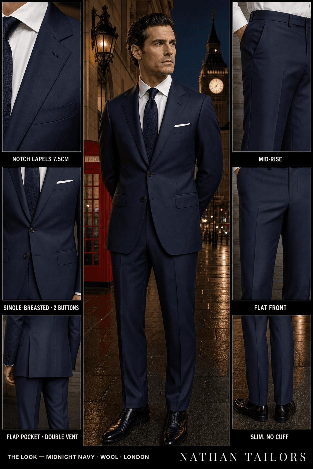 midnight navy single-breasted bespoke suit — custom tailored by Nathan Tailors, the Hoi An custom tailor