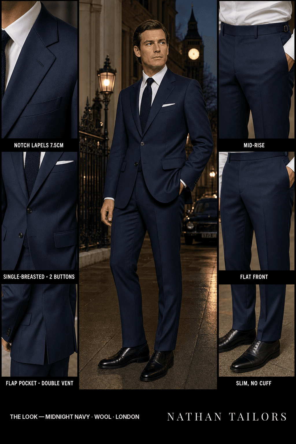 midnight navy single-breasted bespoke suit — custom tailored by Nathan Tailors, the Hoi An custom tailor